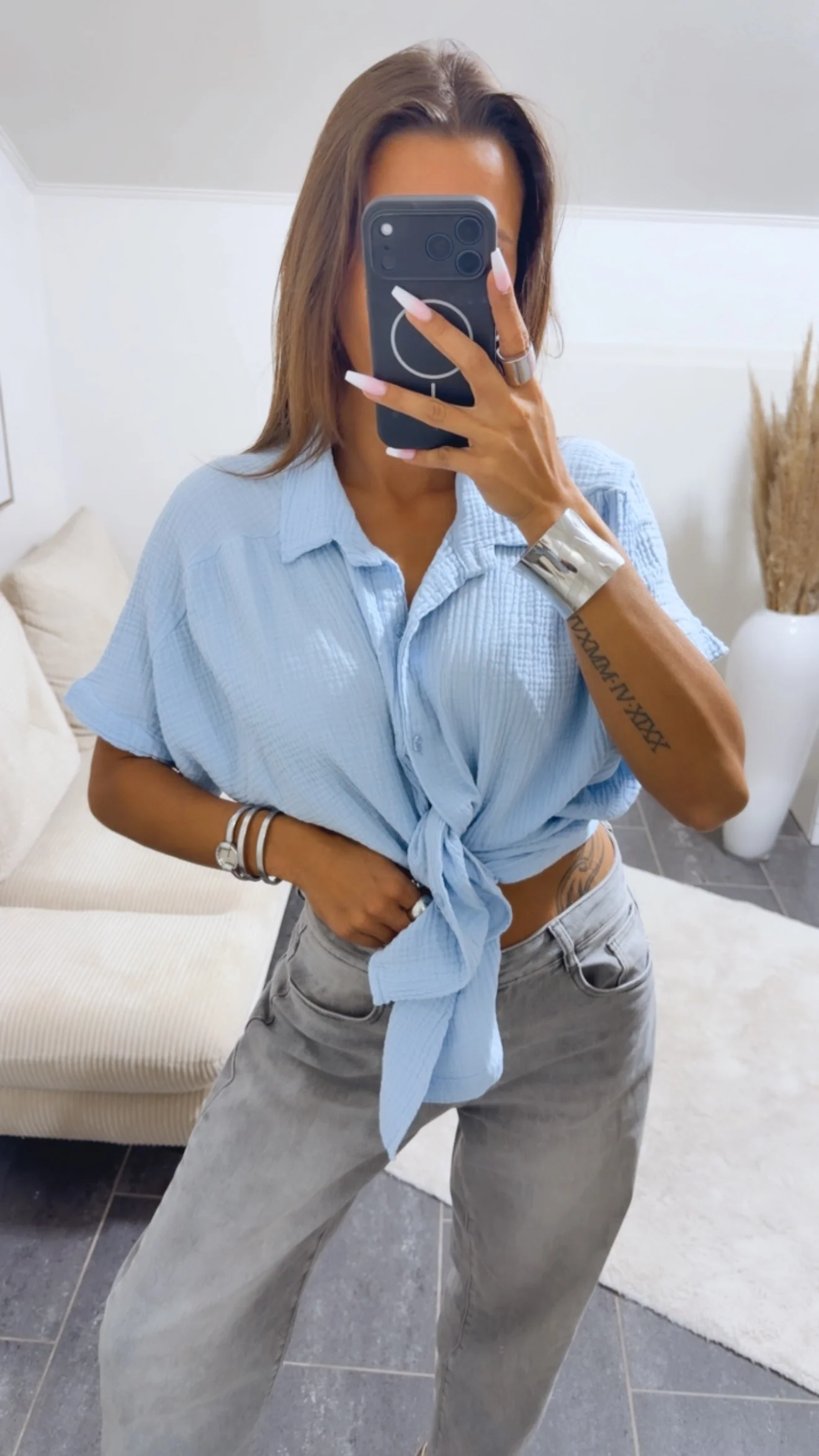 Oversize Musselin Bluse mit T-Shirt Ärmeln / hell blau Art.15049 - Image 2