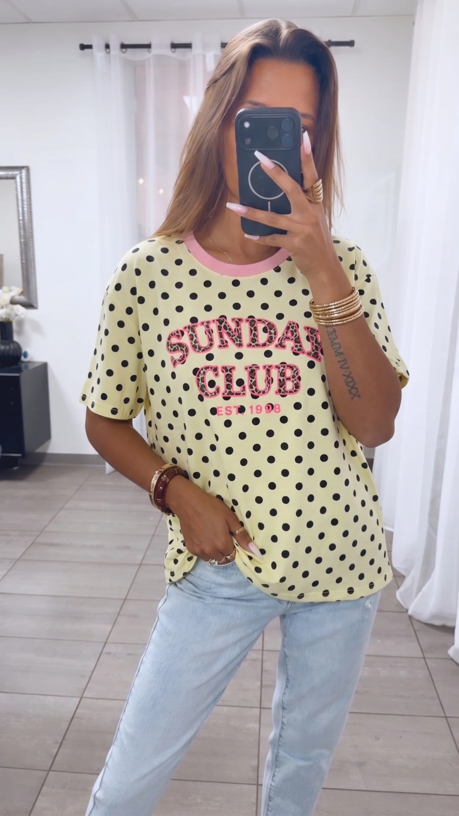PUNKTE Shirt " Sunday Club " / soft gelb - schwarz - soft rosa Art. 15844